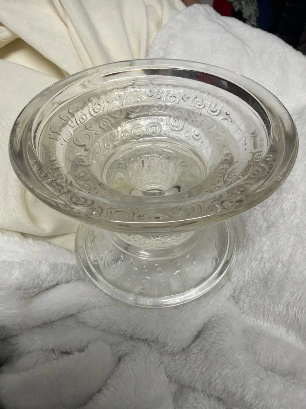 Clear Glass Pillar Candle Holder with White Taper Candle Vtg swirl